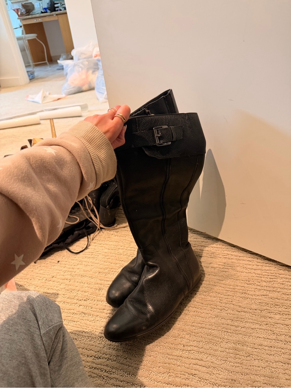 Enzo Angiolini Black Leather Knee-High Riding Boots with Buckle